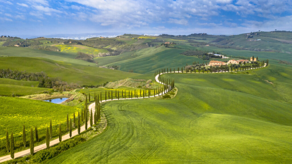 Strada sinuosa cipressi, Val d'Orcia, Toscana